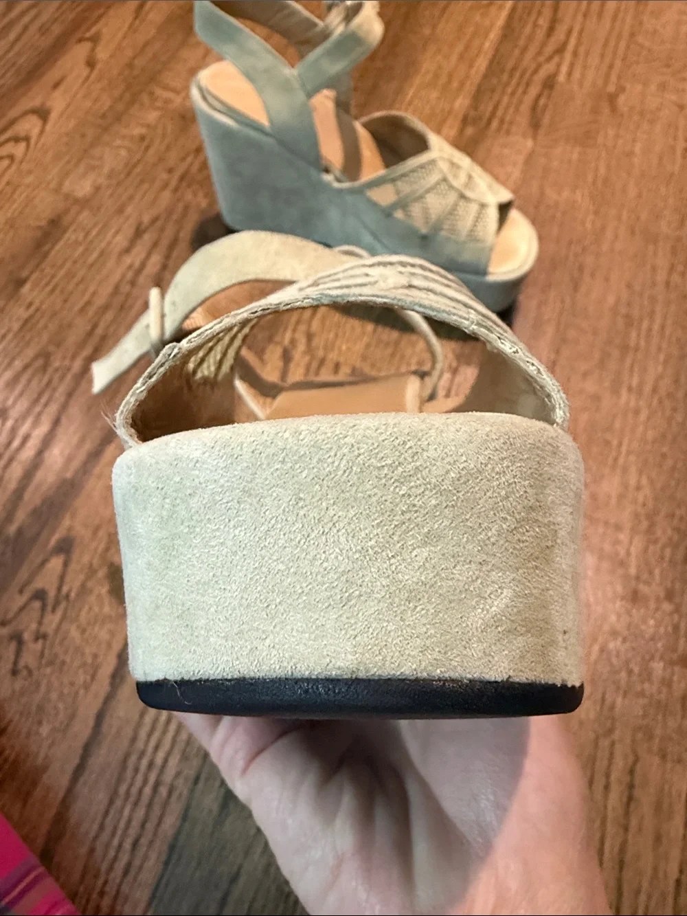 VARDA Size 6 1/2 Suede Laser-Cut Platform Sandals in Light Beige